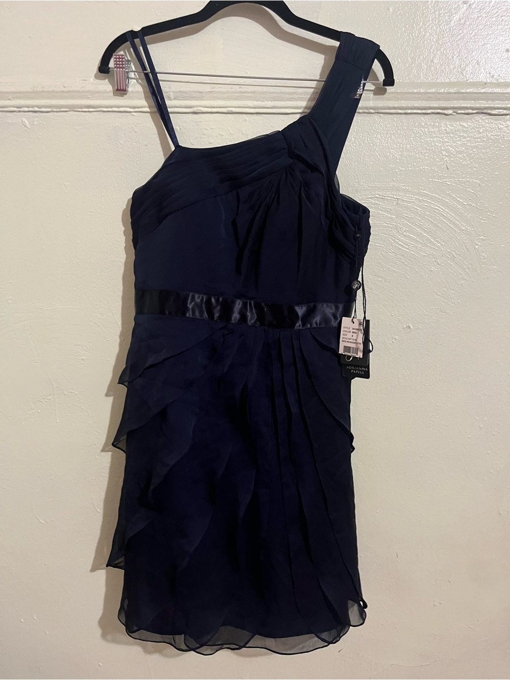 Adrianna Papell Navy Asymmetric One-Shoulder Ruffle Dress